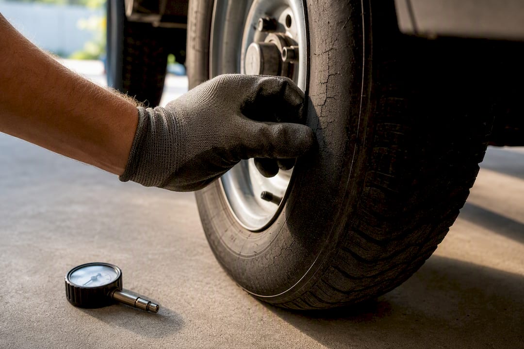 Hand inspecting cracks on trailer tire sidewall