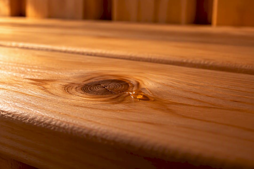 Amber pine sap bead beside sauna wood knot