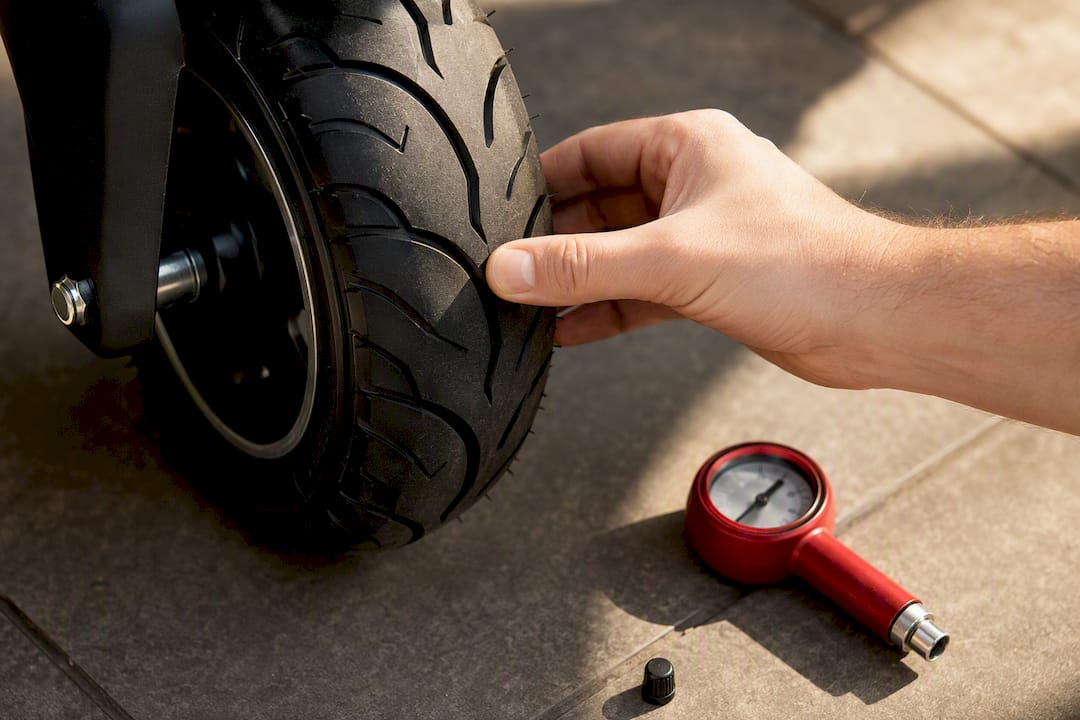 Hand inspecting scooter tire tread condition