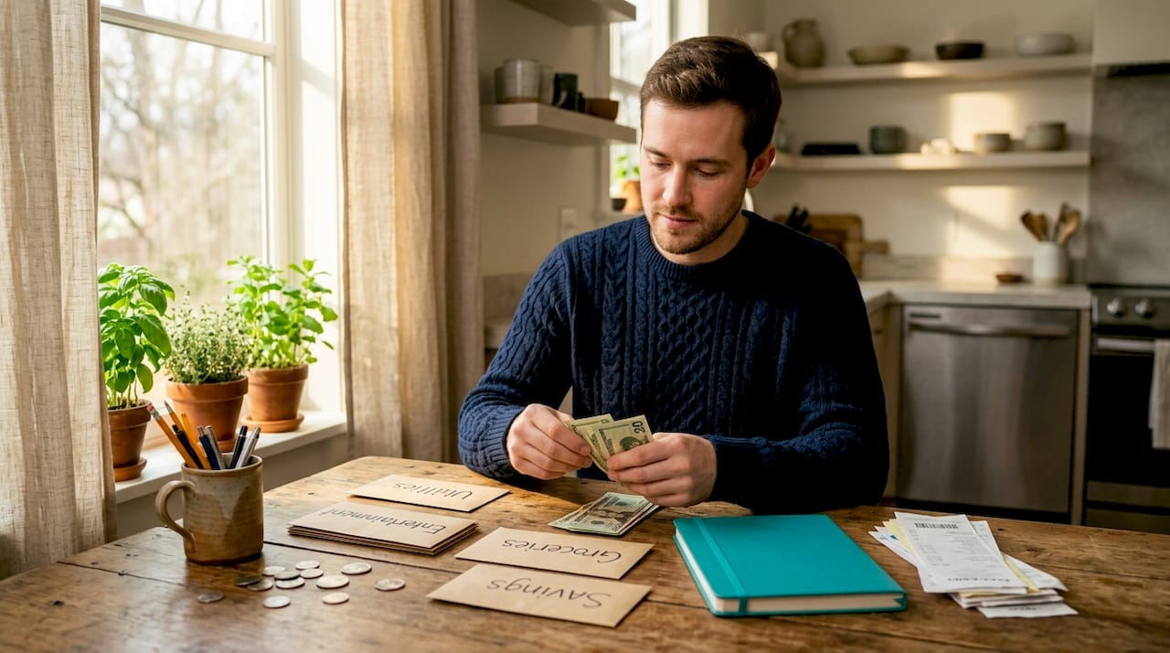 How To Create A Weekly Spending Plan That Works 7 Man organizing budget envelopes on kitchen counter
