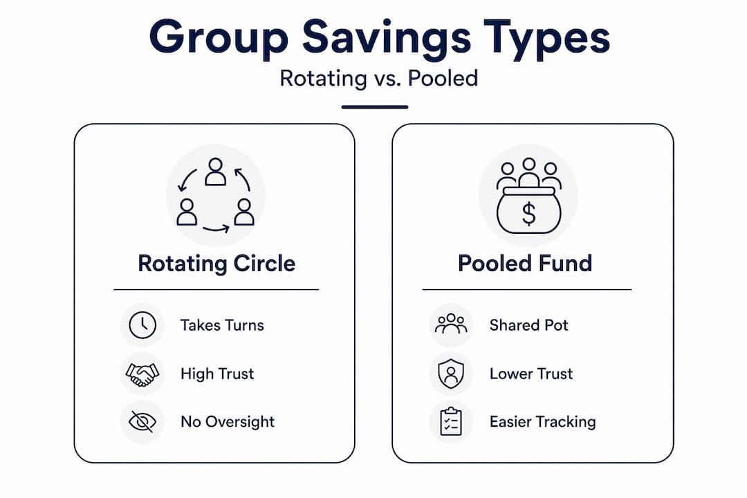 What Is A Group Savings Goal And How It Works 2 Infographic comparing rotating circles and pooled funds