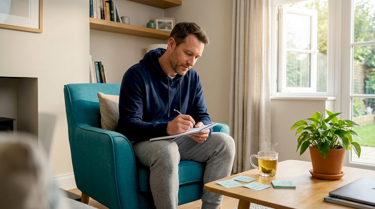 What Is A Personal Savings Goal? Your Clear Guide 2 Man writing savings goals on living room sofa
