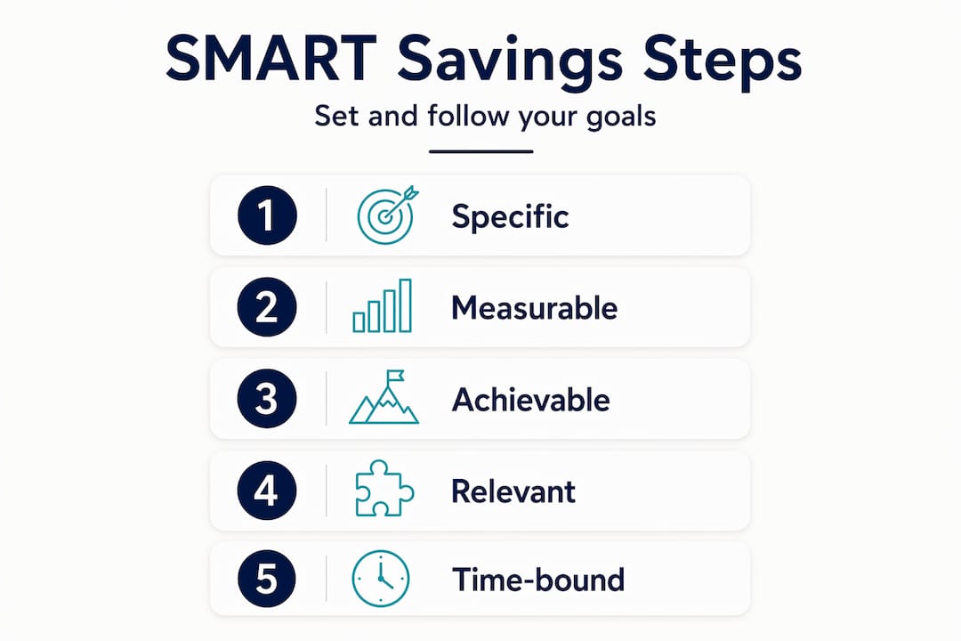 What Is A Personal Savings Goal? Your Clear Guide 3 Infographic showing five SMART savings goal steps