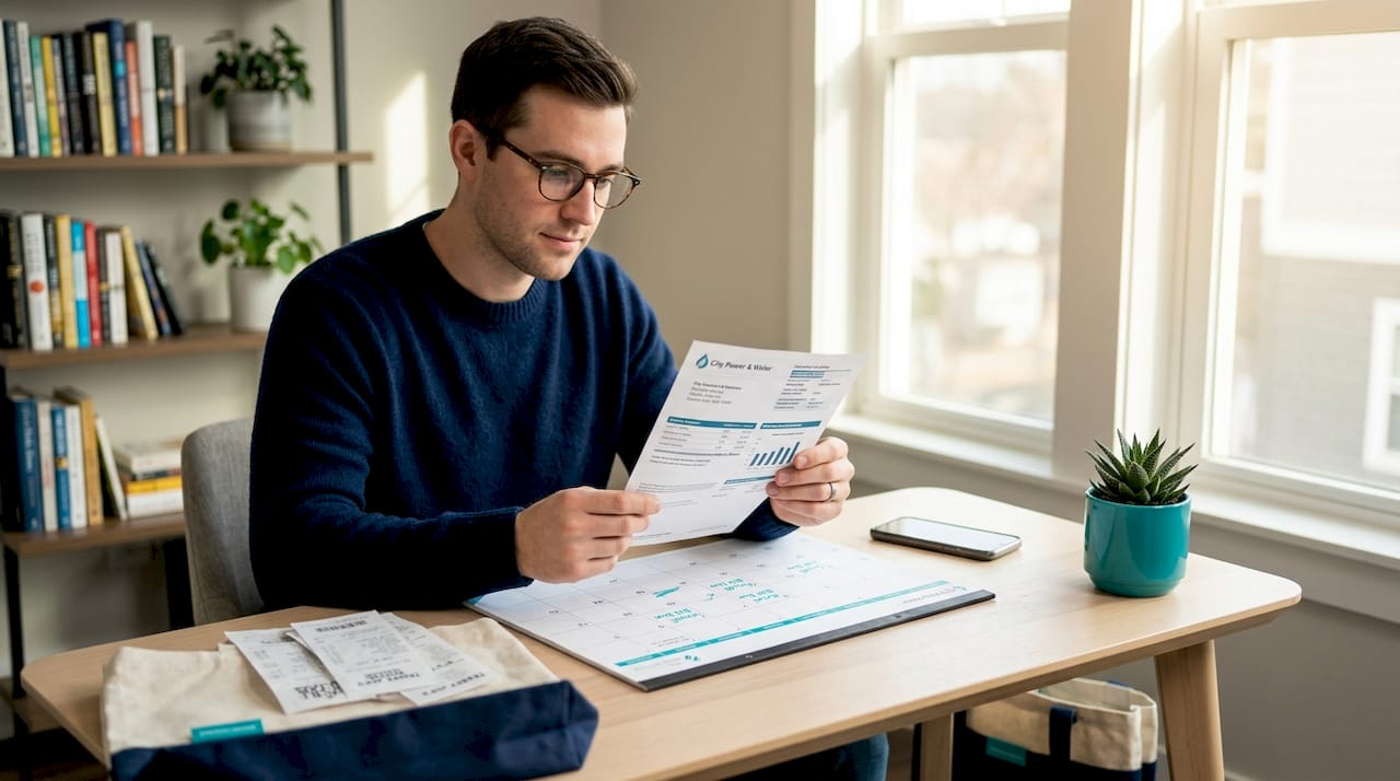 Types Of Monthly Budget Categories That Save You Money 2 Man reviewing household bills at living room desk