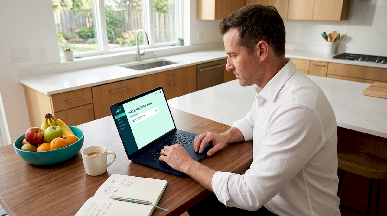 Man syncing account for expense tracking