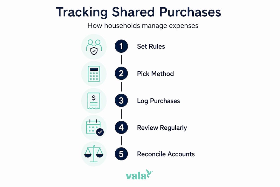 How To Track Shared Household Purchases Easily 3 Infographic with five steps to track purchases