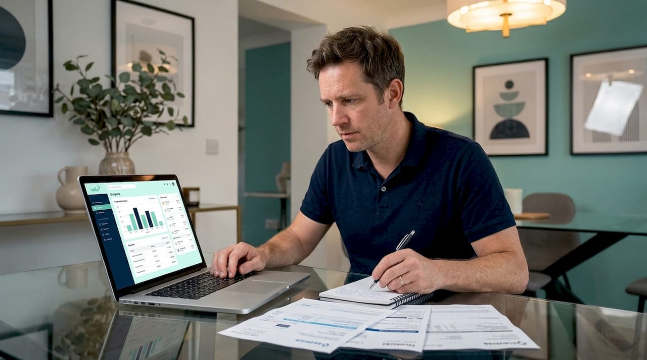 Man updating monthly budget after dinner