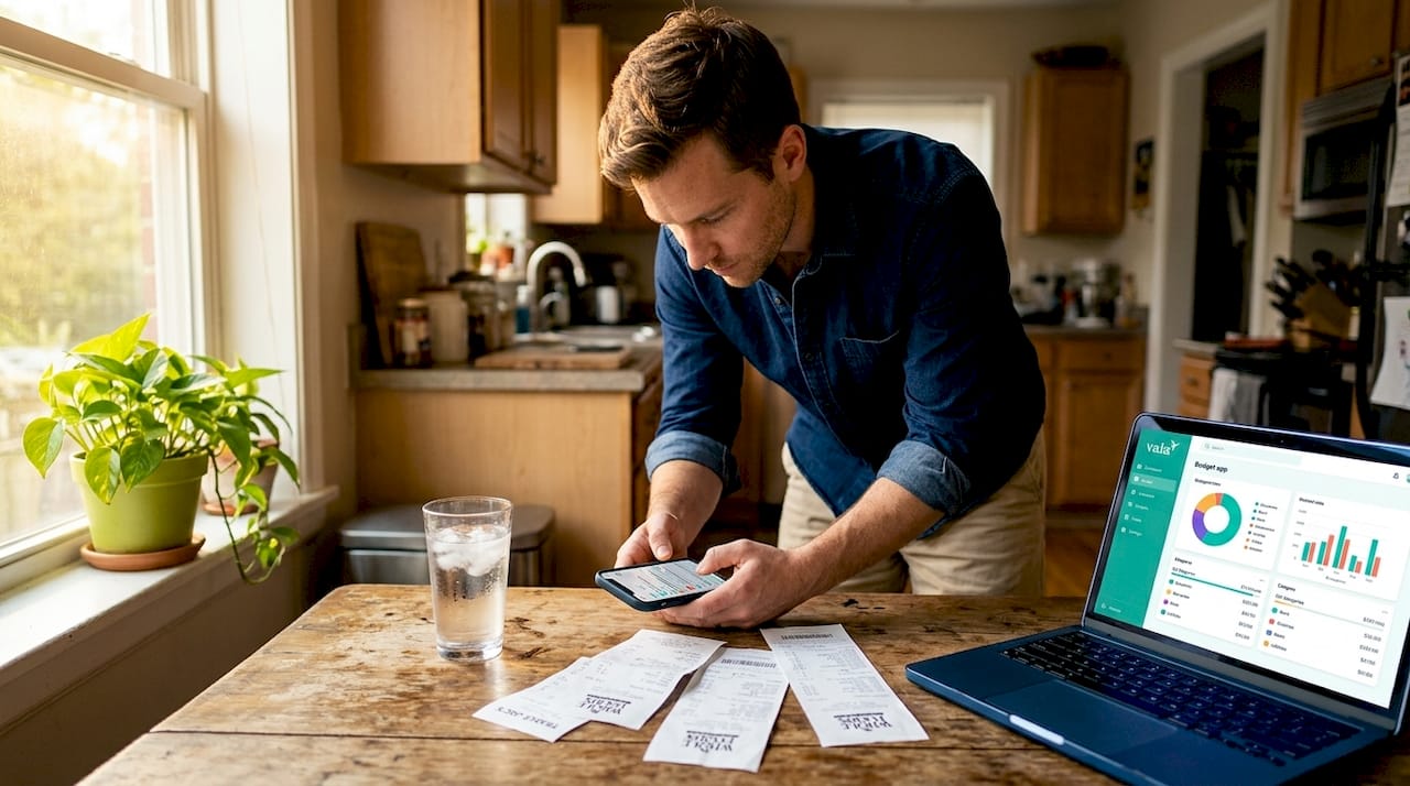 Benefits Of Automated Expense Tracking For Budgeters 2 Man checks budget alerts in kitchen