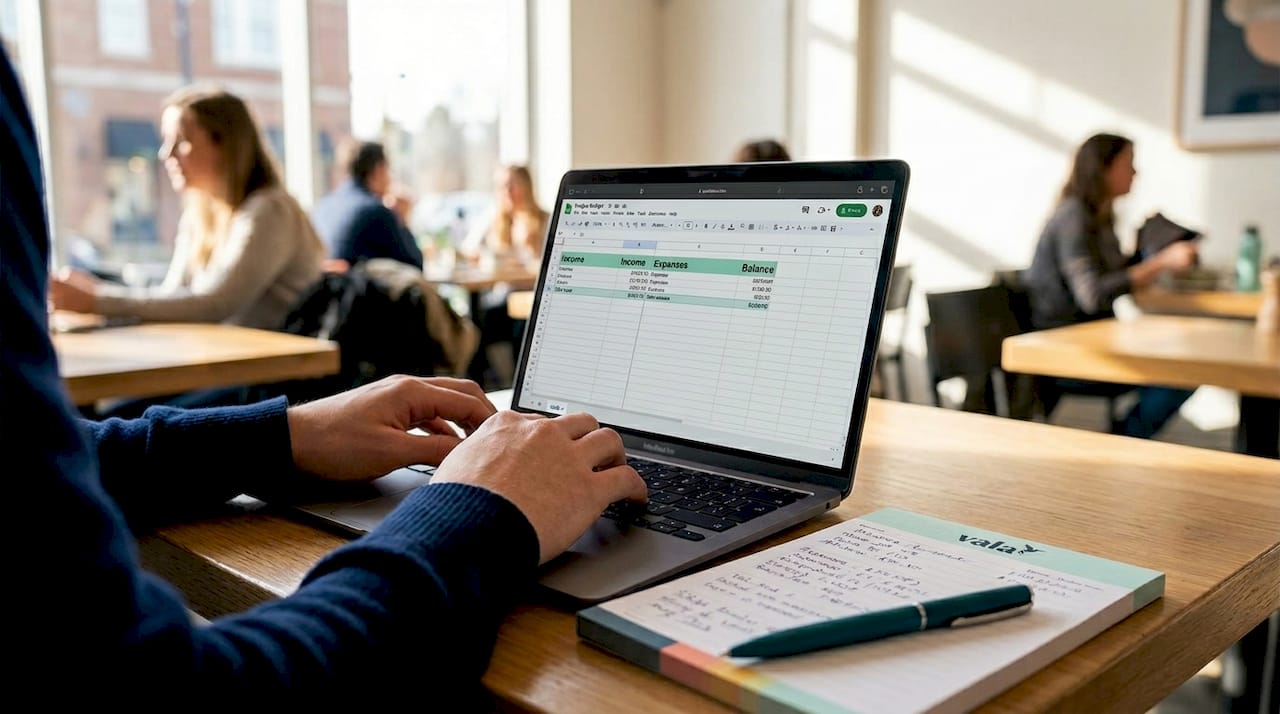How To Build A Monthly Budget From Scratch 2 Hands inputting expenses in budget spreadsheet on laptop