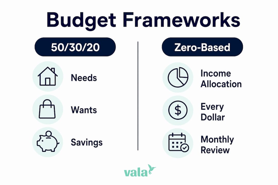 How To Build A Monthly Budget From Scratch 3 Infographic comparing 50/30/20 and zero-based budgeting frameworks