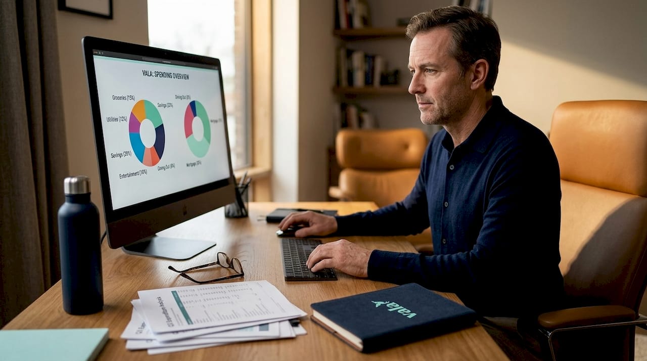 Analyst reviewing spending charts in home office