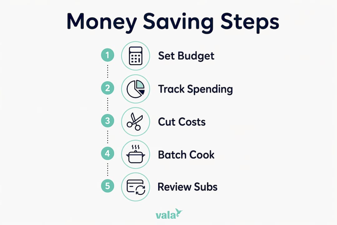 How To Save Money On A Tight Budget In 2026 3 Infographic showing step-by-step money saving process