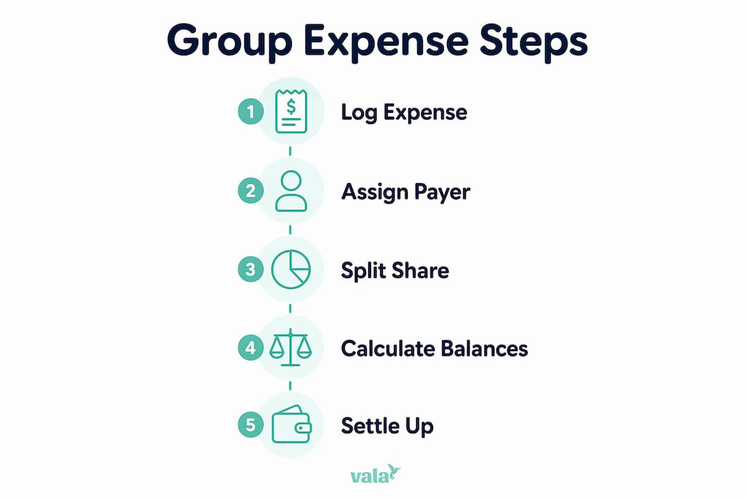 Infographic displaying five steps of group expense tracking
