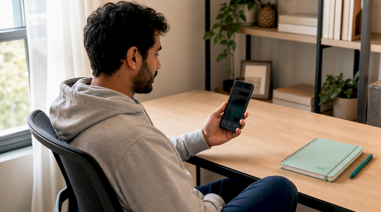 Man using budgeting app on smartphone in library