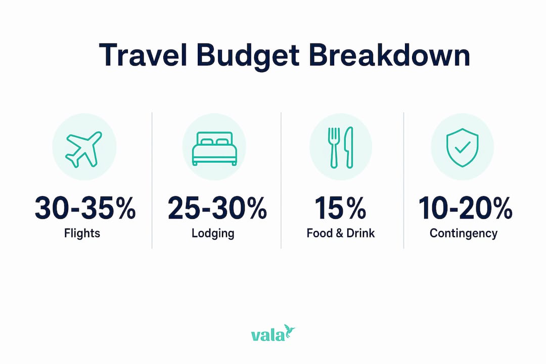 Trip Budget Planner: Your Complete Guide For 2026 3 Infographic showing travel budget percentage allocations