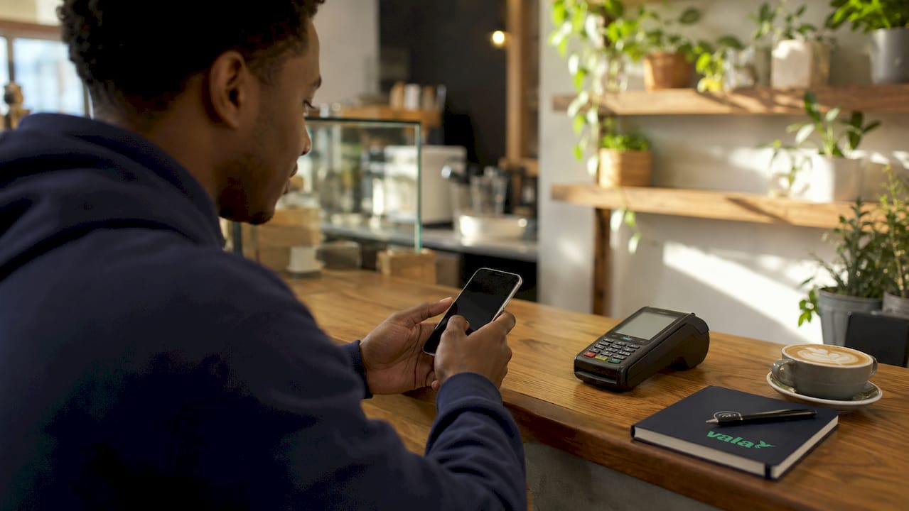 Hands using smartphone and card reader to log expenses