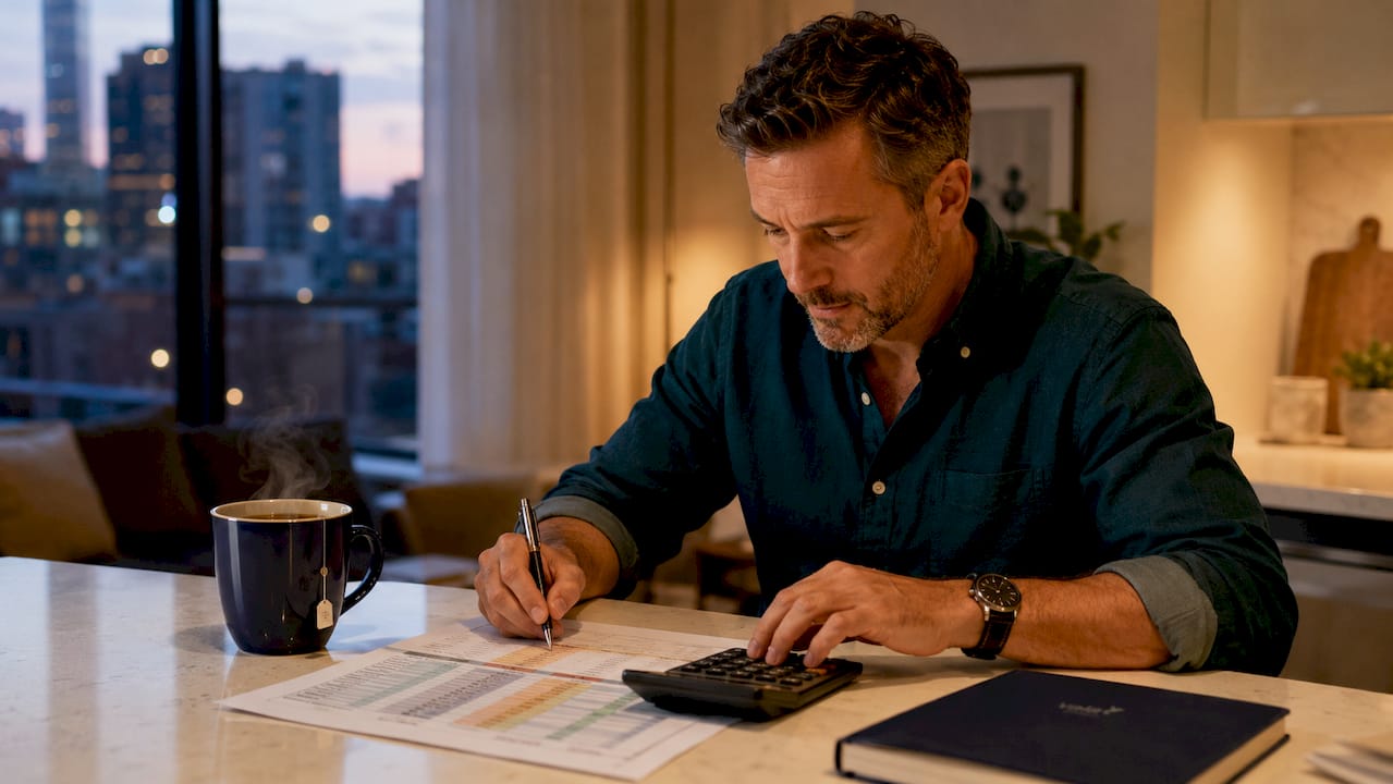 Hands calculating savings budget at home office desk
