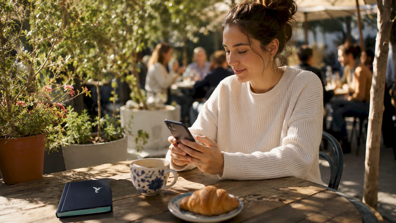 Woman using budgeting app in café