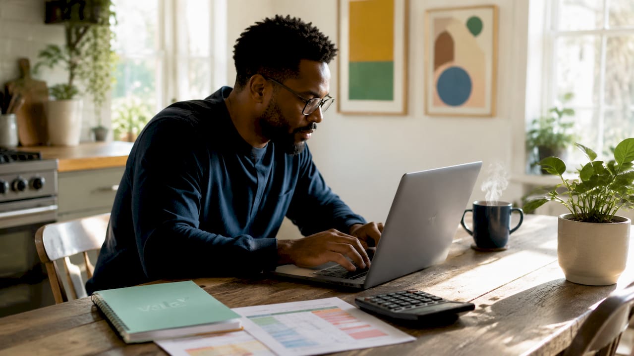 Hands entering shared expenses on laptop