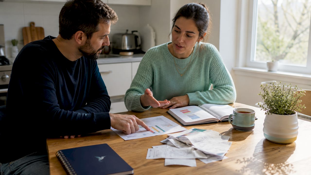 What Is A Shared Financial Goal? Your Clear Guide 2 Hands marking financial planning documents on home desk