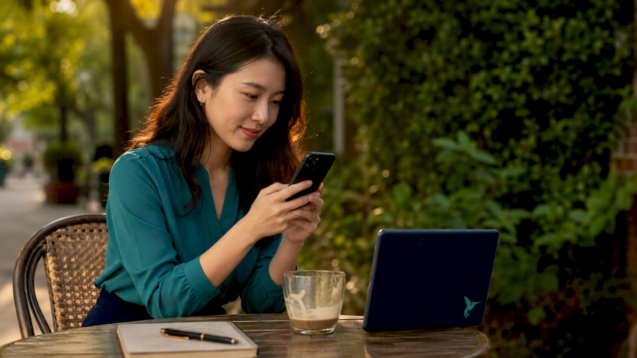 Woman viewing payment request on smartphone