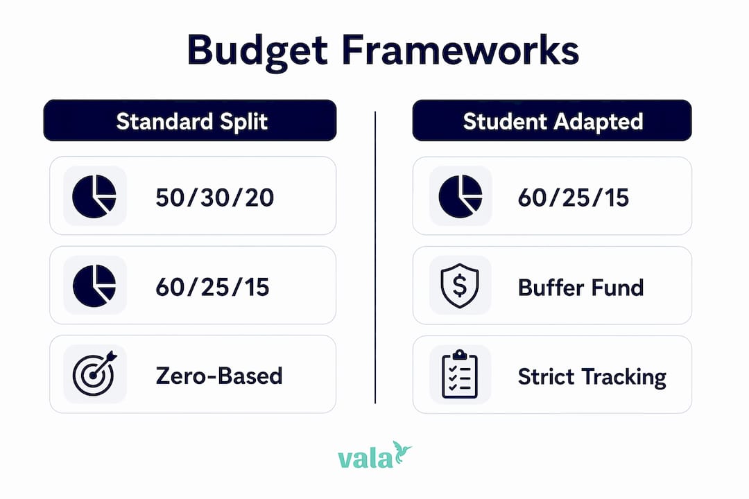 Why Student Budgeting Is Different: A 2026 Guide 3 Infographic comparing standard versus student budgeting splits