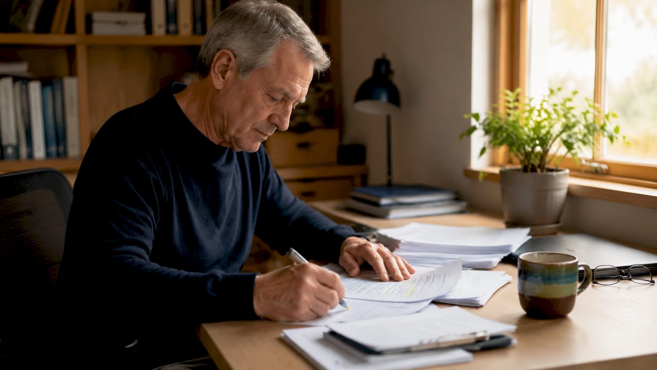 Hands sorting financial documents on table