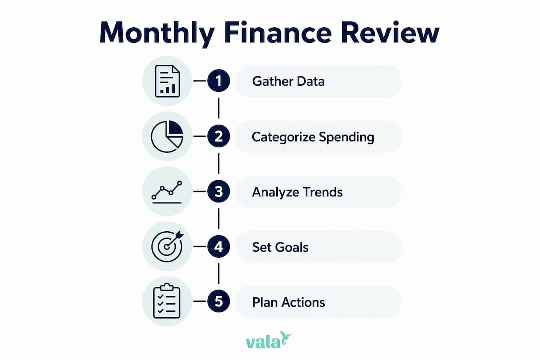 Infographic showing steps for monthly finance review