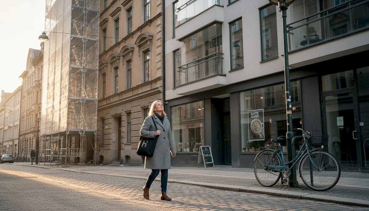 En kvinna promenerar längs en gata omgiven av hyreshus.