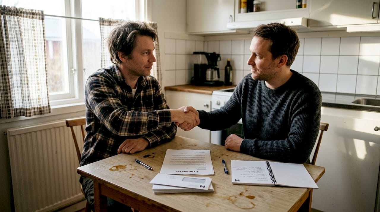 Två personer kommer överens och bekräftar ett hyresavtal med ett handslag.
