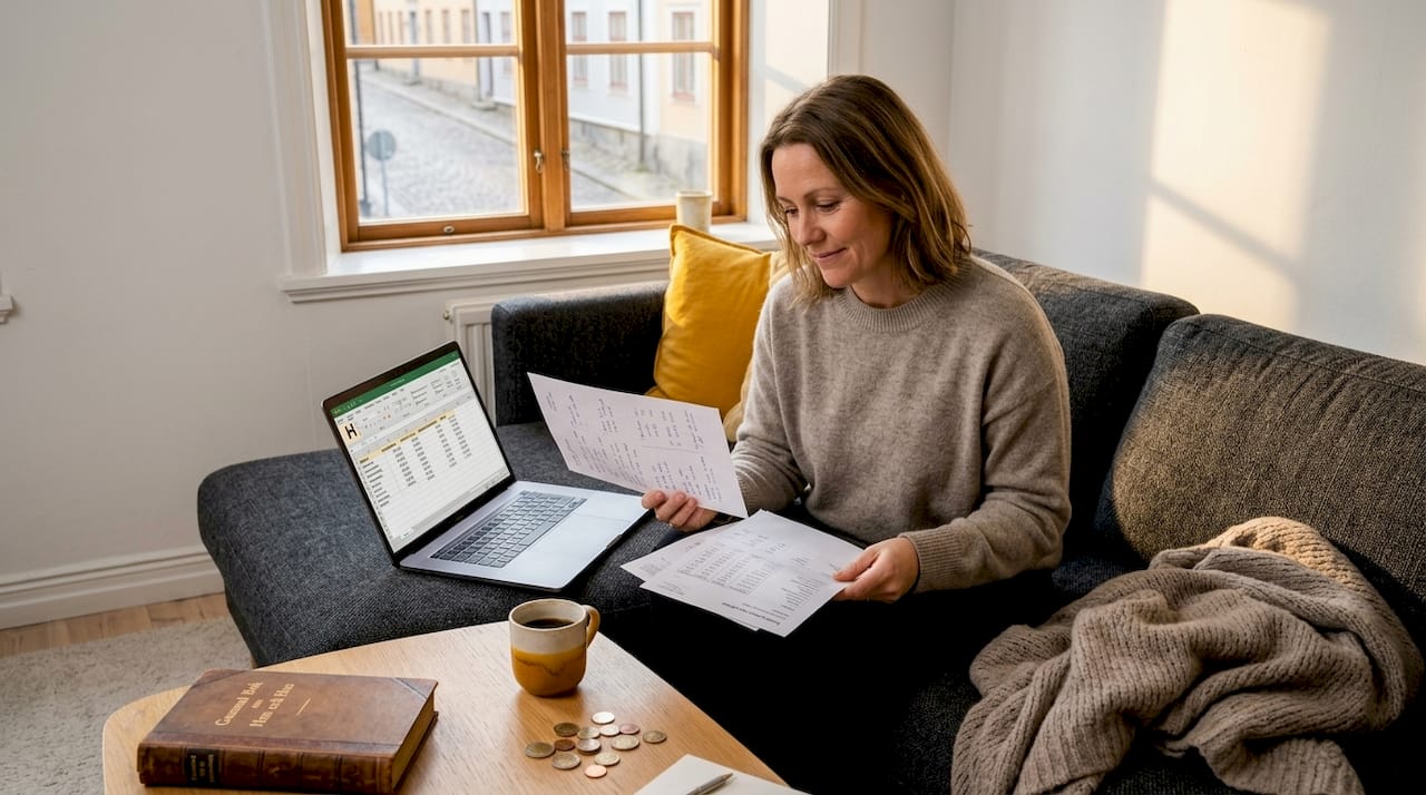 Kvinna ser över sin ekonomi inför en bostadsombildning