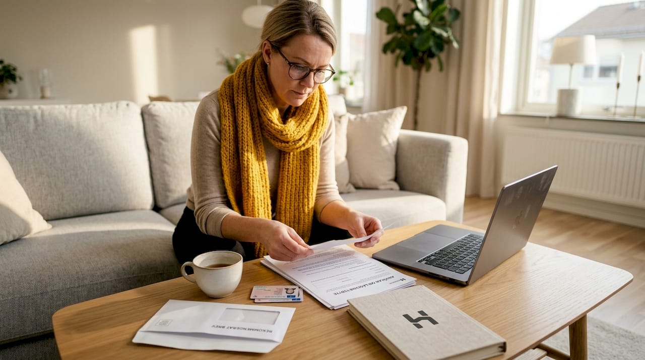 En kvinna sitter hemma och går igenom sina ansökningshandlingar