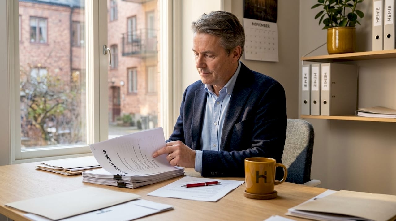 På sitt kontor går hyresvärden igenom inkomna ansökningar om att hyra bostad.