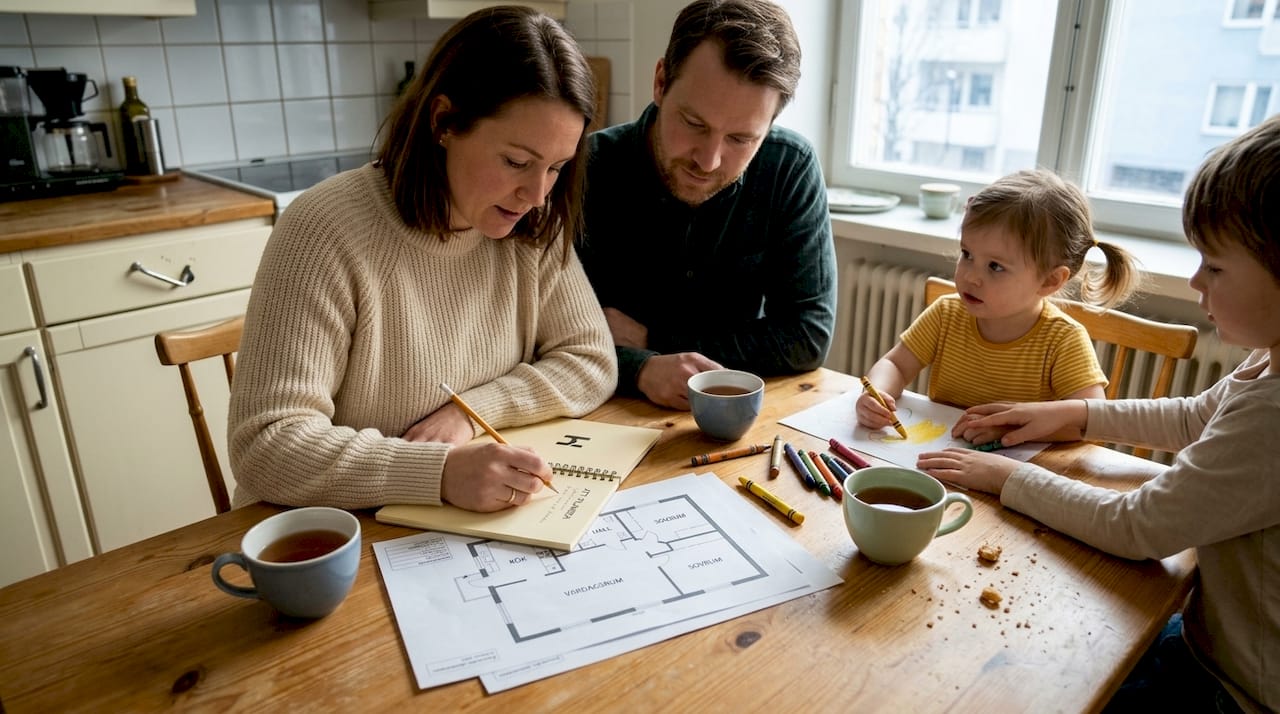 En familj sitter samlade vid köksbordet och går igenom husets ritningar tillsammans.
