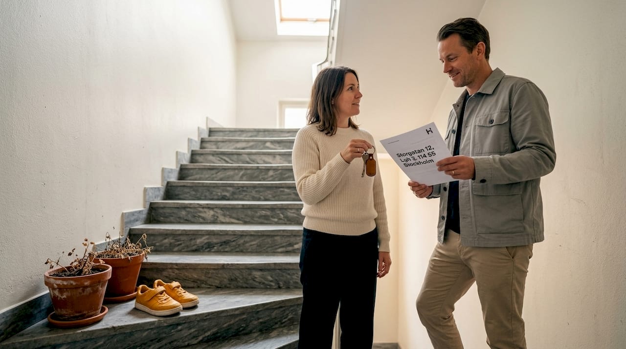 Två boende ses i trapphuset för att göra ett byte