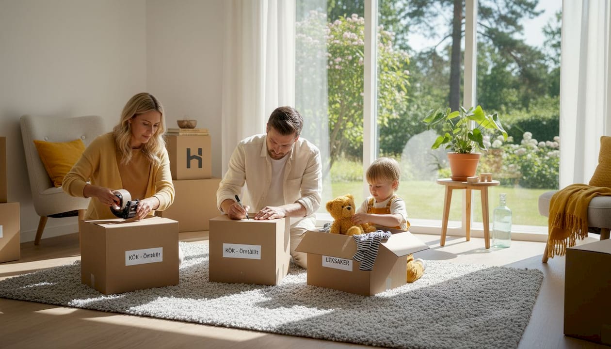 En familj packar flyttkartonger tillsammans i hallen.