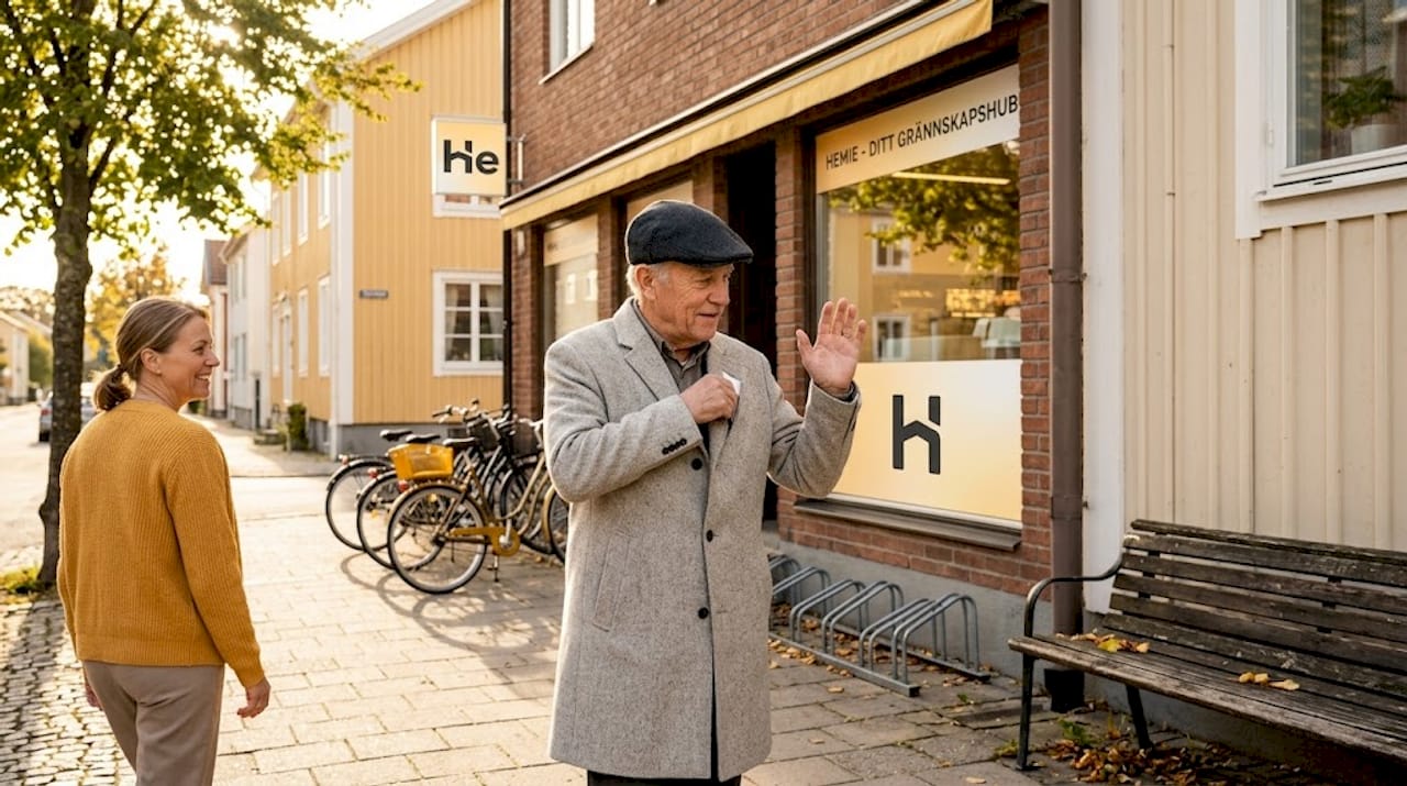 En äldre boende tar en promenad i närheten av mataffären.