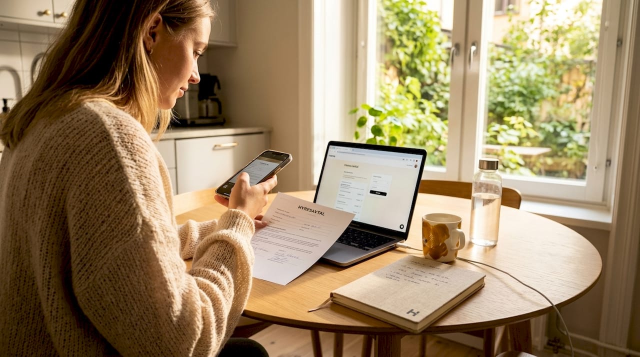 En kvinna sitter hemma och laddar upp sitt bytesavtal digitalt.