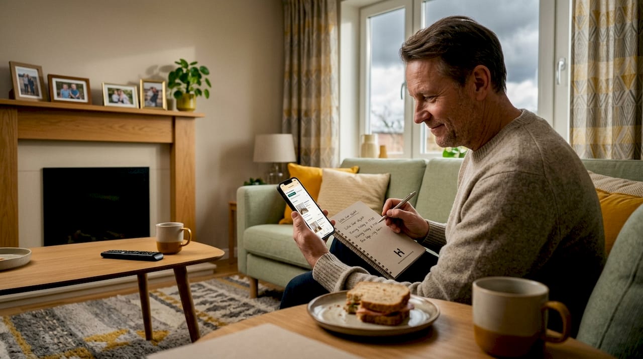 En man sitter och scrollar igenom lägenhetsannonser på mobilen.