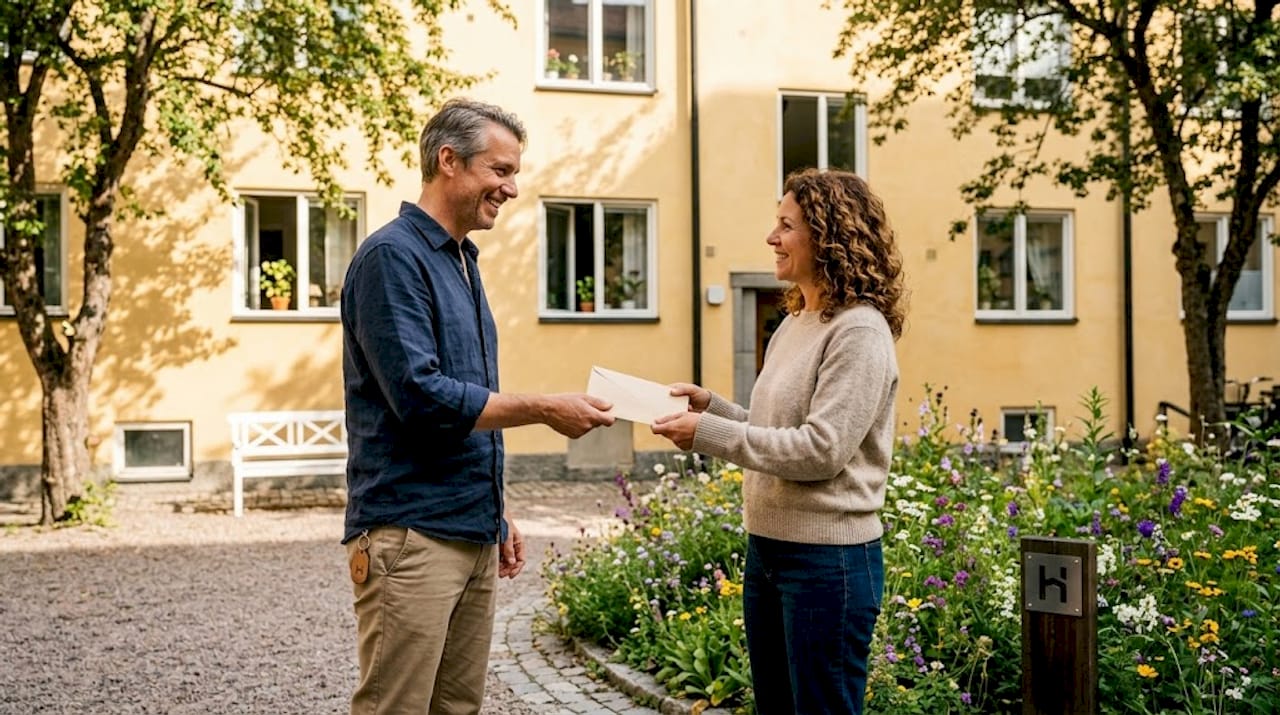 Två hyresgäster träffas utomhus för att göra ett direktbyte