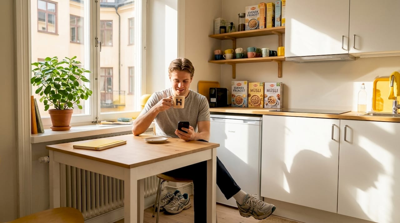 Ung kille fixar mat i sitt lilla kokvrå