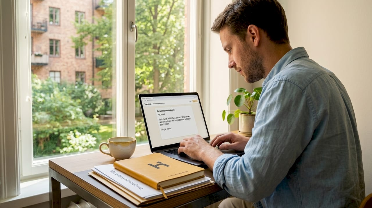 En man sitter vid sin laptop och skriver ett personligt meddelande.