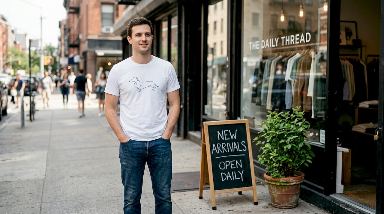 Man wears minimalist animal graphic t-shirt outside shop