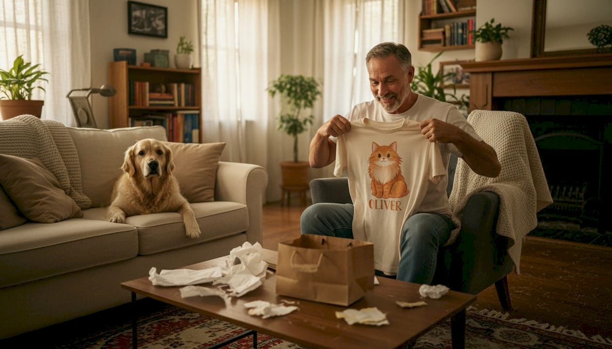 Man discovering custom animal shirt gift at home