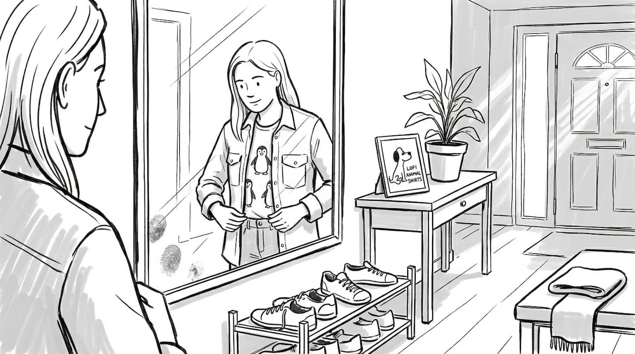 Woman adjusting layered penguin shirt outfit