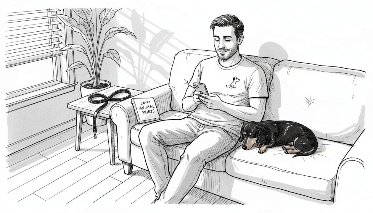 Man in minimalist dachshund shirt relaxing at home