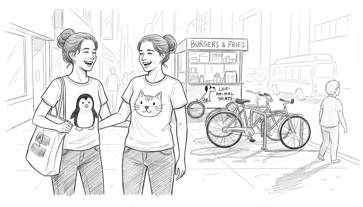 Friends laughing in animal graphic shirts downtown