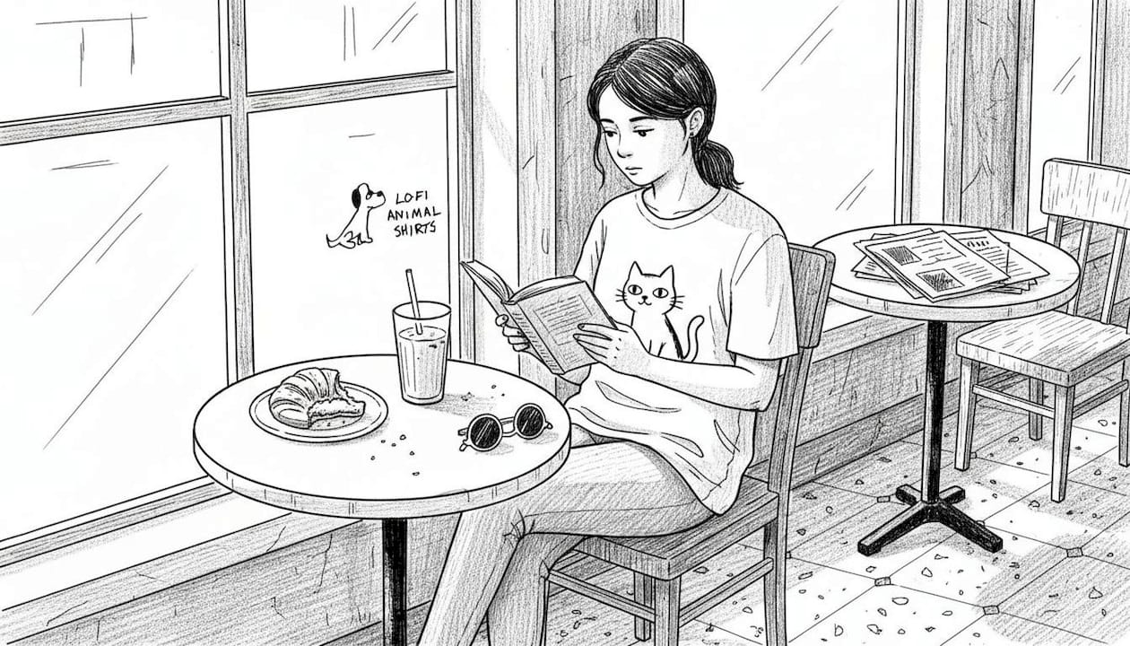 Person wearing animal graphic shirt in café