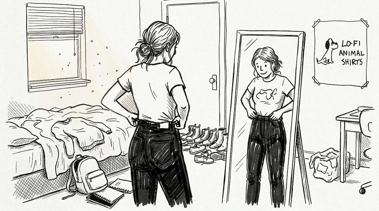 Woman styling graphic tee in bedroom mirror