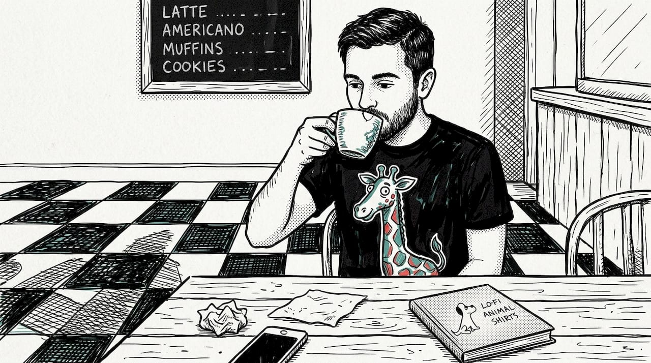 Man in café wearing bold graphic tee